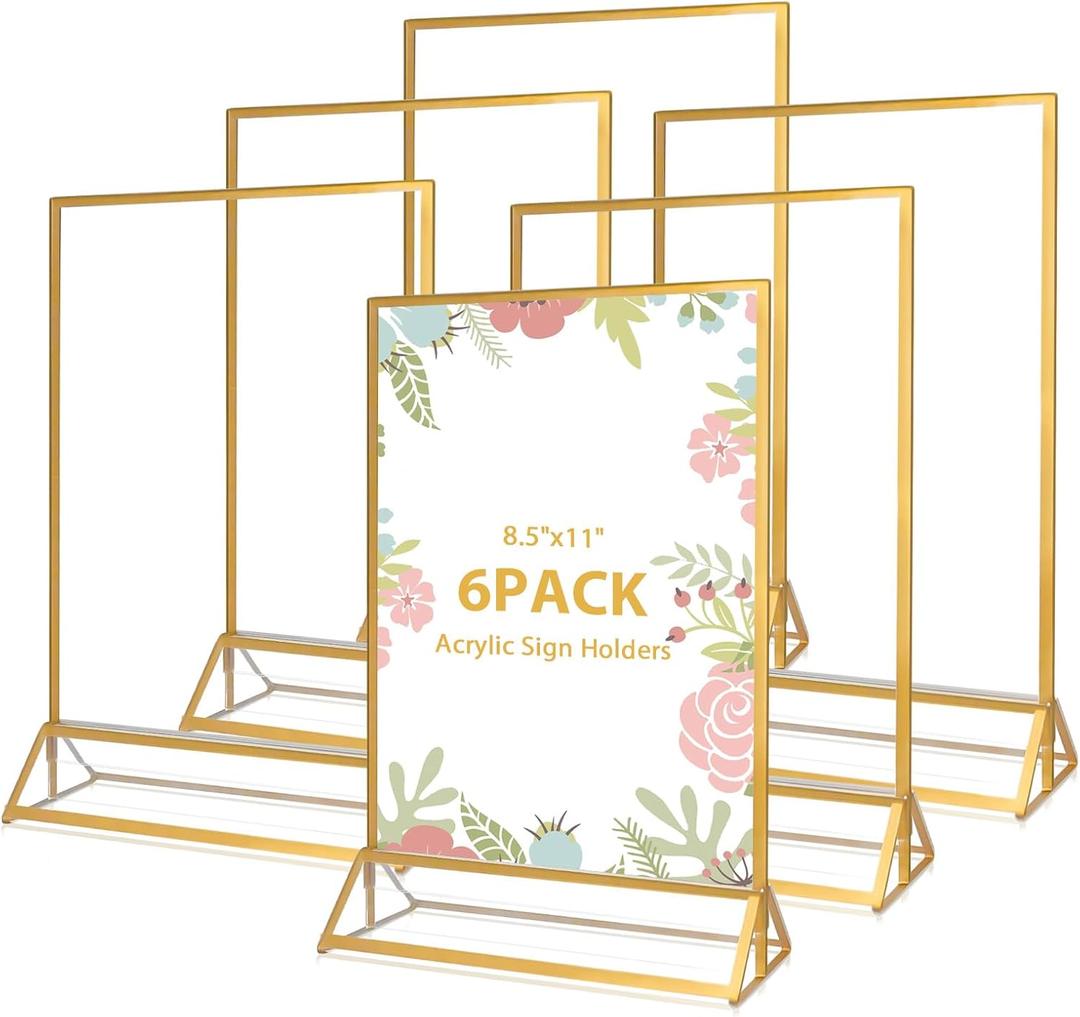 6 Pack Acrylic Sign Holders,8.5 X 11 Inch Clear Double Sided Display Stand,Gold Picture Frame for Home Restaurant Office,Table Number Menu Holder
