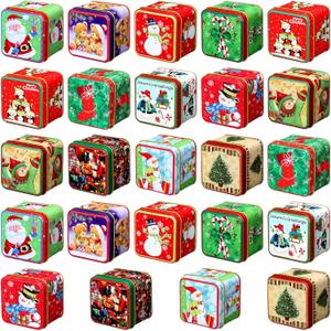 Domensi 24 Pcs Christmas Cookie Tins with Lids Square Candy Metal Cookie Tins Empty Retro Xmas Metal Gift Box Large Capacity Xmas Tin Containers for Holiday Storing Cookies Candies Treat (square)