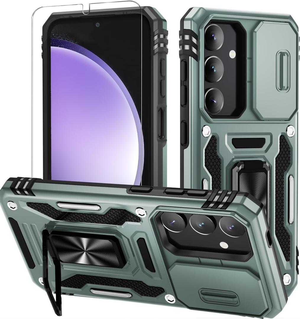 Pack of 5, WRJ for Samsung Galaxy S25/Galaxy S24 Case with Slide Camera Cover and Screen Protector, Military Grade Protection [Rotated Ring Kickstand] Heavy Duty Shockproof Protective Cover-Green