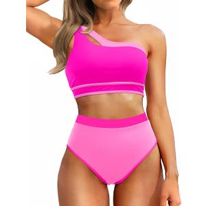 Tempt Me Women Pink One Shoulder High Waisted Bikini Color Block Two Piece Swimsuits Cutout 2 Piece Bathing Suit, M