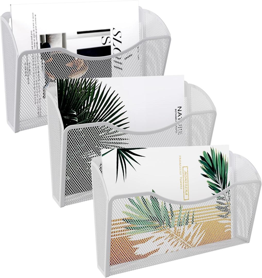 EasyPAG 3 Single Pocket Wall File Organizer, Mesh Hanging File Folder Organizer for Letter/A4 Size Folders, Wall Mounted Vertical Mail Holder for Paperwork, Office, Home, School, White