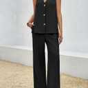 Tankaneo Womens 2 Piece Linen Sets Summer Outfits Sleeveless V Neck Botton Down Tank Tops and Pants Matching Set (Black, L)