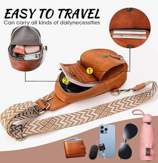 KlaOYer Sling Leather Bags For Women Crossbody Small Fanny Pack Purses Chest Bags With Guitar Strap For Gril Lady