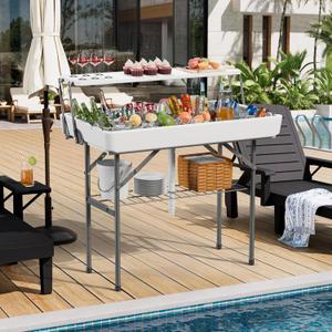Portable Ice Cooler Table with Drain  2-Tier Folding Table with Shelf and Skirt, Suitable for Indoor & Outdoor Use
