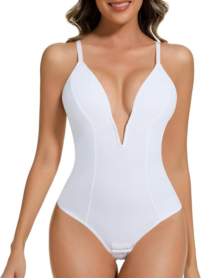 Deep V Bodysuit for Women Thong Shapewear Tummy Control Low Back Shapewear for Women (Small, White)