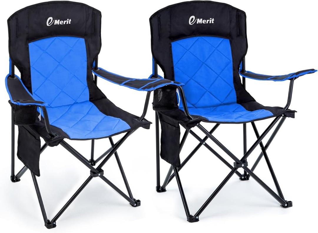 EMERIT 2 Pack Oversized Padded Camping Chair, 350LB Heavy Duty Quad Fold Chair with Arms, Collapsible Outdoor Chairs with Lumbar Back & Cup Holder, Blue（twin Pack)