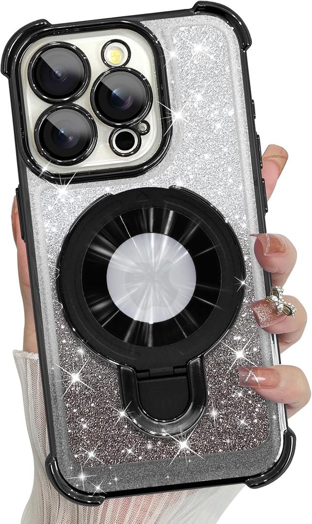 KANGHAR for iPhone 15 Pro Case, Support for MagSafe [Four Corner Cushion Series] Kickstand Electroplate Edge Shockproof Durable Full Body Protection for Girls Women -Black