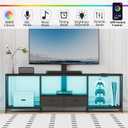63" W TV Stand with Mount for 50,55,65,75" TV,Entertainment Center with Power Outlet and Led Lights,Height Adjustable TV Console Table with Open Storage Shelves and Fabric Drawers (Black)