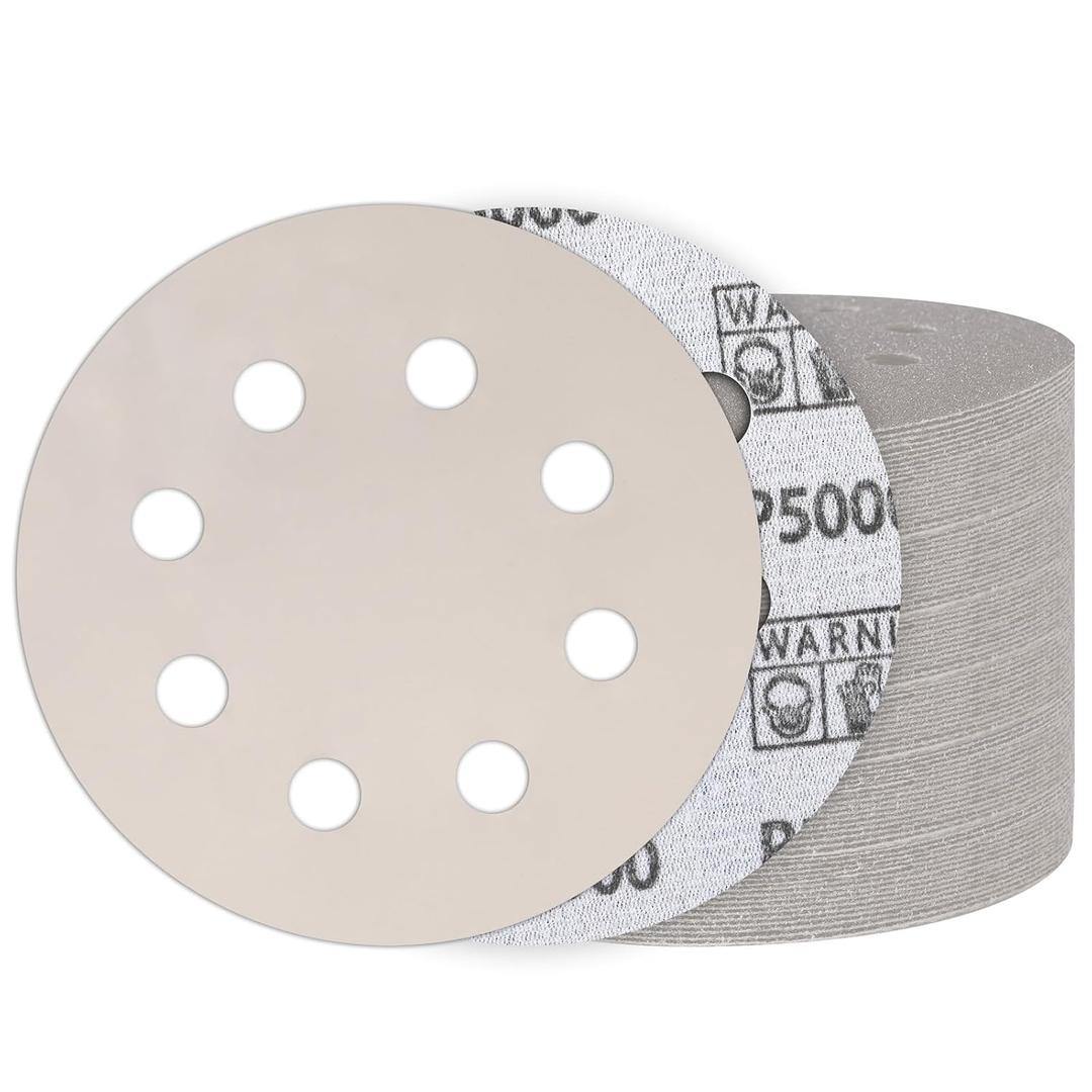50PCS 5 Inch Hook and Loop Sanding Discs 5000 Grit, 8 Hole Wet Dry Orbital Sander Sand Paper, Silicon Carbide Sandpaper for Automotive Wood Metal