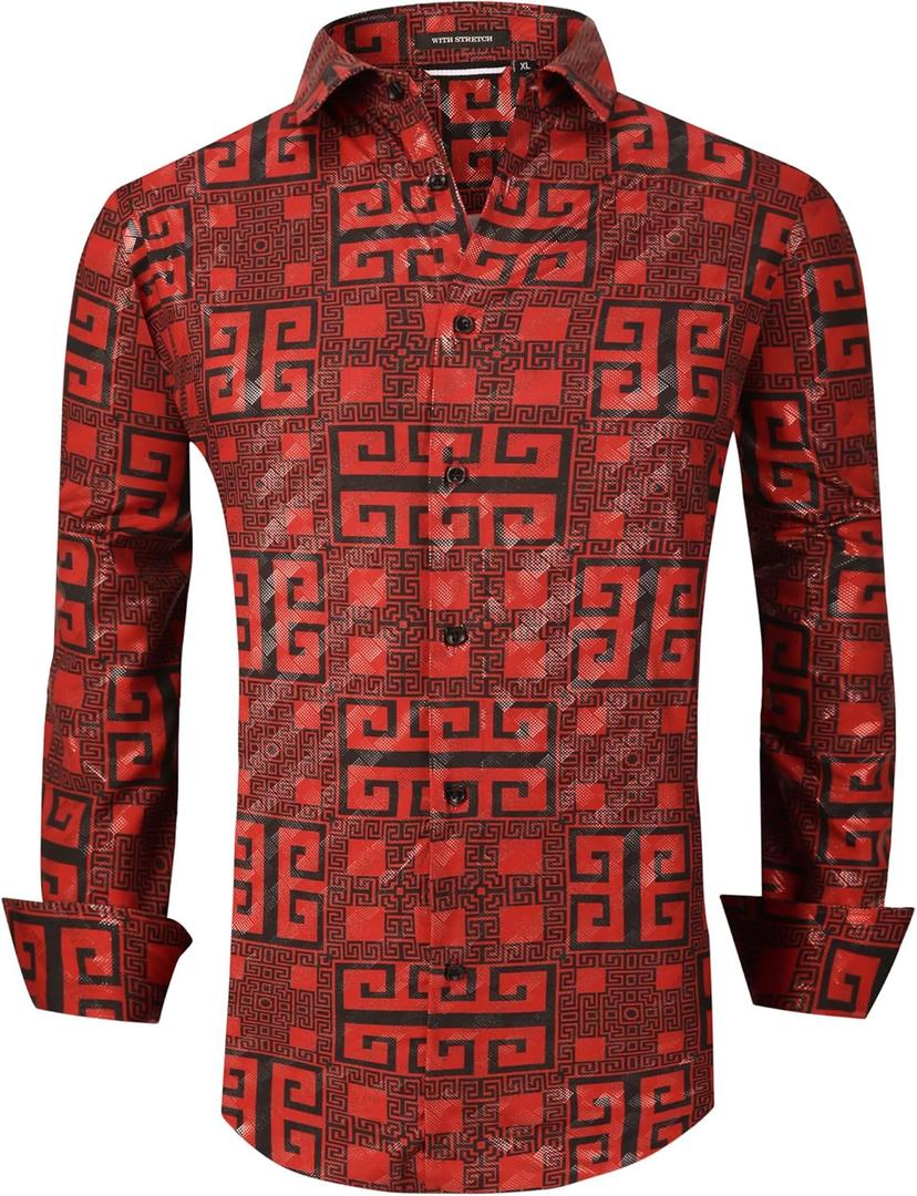 Alex Vando Mens Digital Printing Dress Shirts Iron-Free Regular Fit Party Button Down Shirt (Small, 2638 Red)