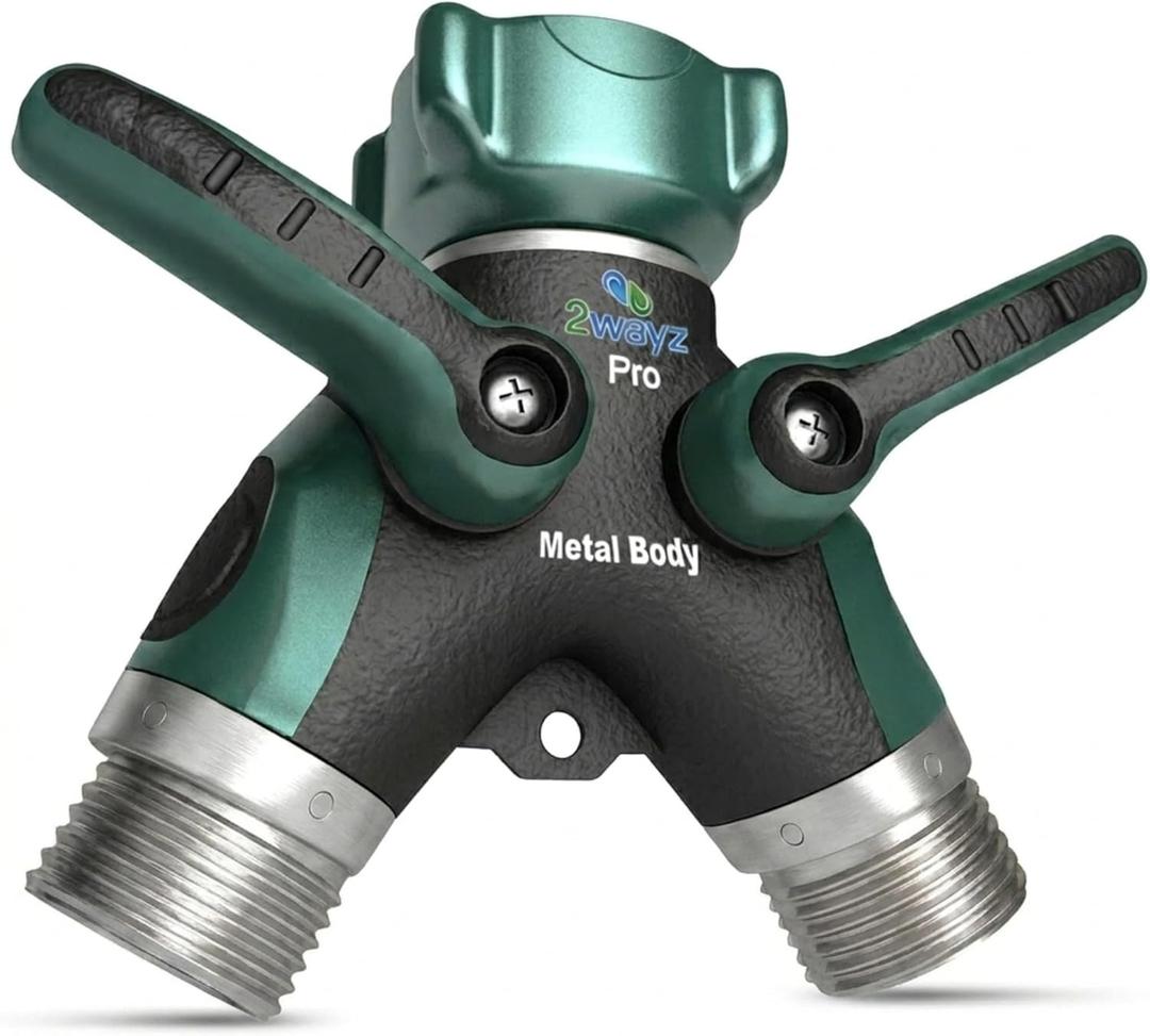 2WAYZ Hose Splitter 2 Way Heavy Duty Outdoor Faucet and Garden Connector - Water Spigot Splitter - Durable All-Metal Y Adapter with Shut-Off Valve - 4 x 4 x 1.5 Inches