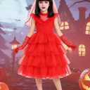 IBQ Kids Red Wedding Dress Girls Halloween Costuems Toddler Horror Comedy Character Bride Cosplay Outfit with Veil Gloves (Red, M)