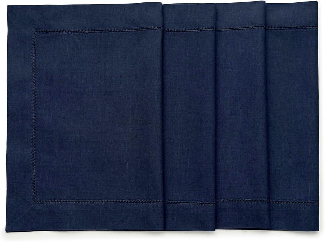Solino Home Navy Blue Placemats Set of 4 - Cotton Linen Hemstitch Placemats 14 x 19 Inch for Fall, Autumn, Thanksgiving, Christmas
