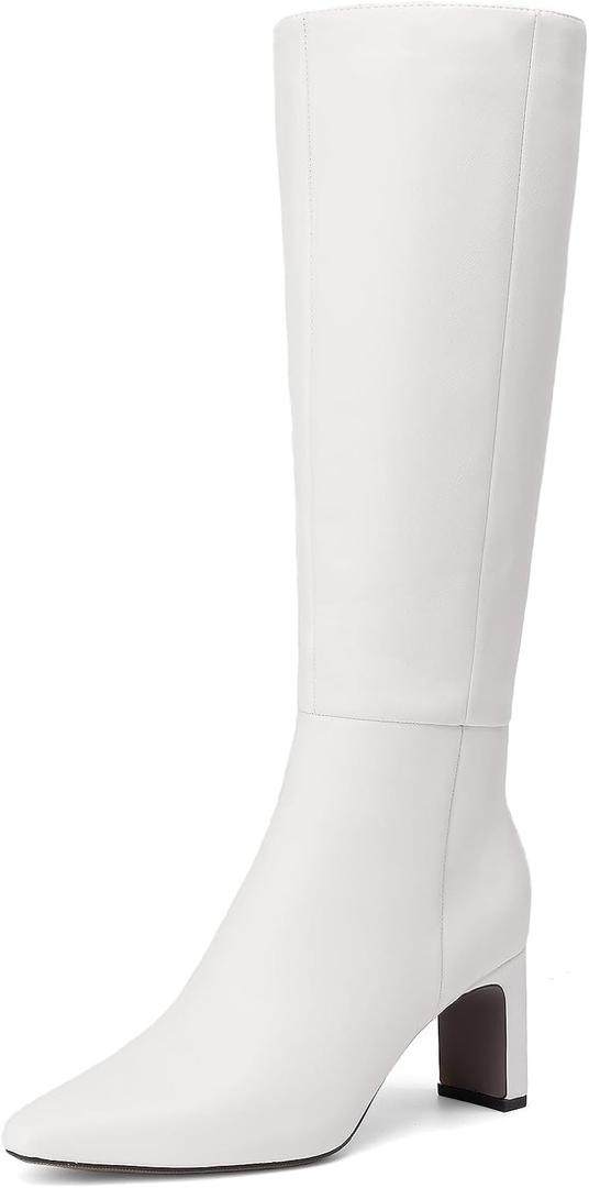 DREAM PAIRS Knee High Boots Women Chunky Block Heel Square Toe Side Zipper Tall Boots for Women (6, White)