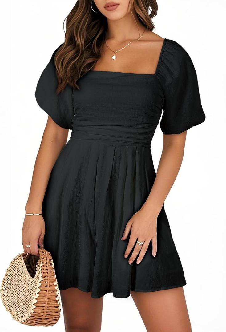AlvaQ Womens Summer Cute Puff Sleeve Elastic Square Neck Mini Short Romper with Pockets (Small)