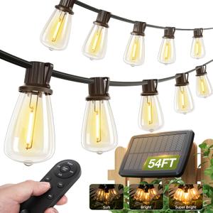 addlon 54(48+6) FT Solar String Lights Waterproof, Patio Lights Solar Powered with Remote & USB Port 15+1 LED Shatterproof Bulbs 3 Light Modes, Dimmable Solar Light for Camping Backyard Garden