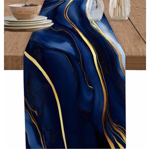 Marble Table Runner 72 Inches Long Cotton Linen Kitchen Dinner Table Runners, Modern Navy Blue Abstract Gold Burlap Tablerunner for Dresser/Dining/Party/Wedding 16''x72''