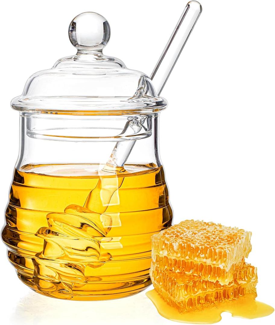 Lawei Glass Honey Jar with Dipper and Lid, 10 OZ Heat-Resistant Bee Hives Honey Pot, Clear Glass Honey Container for Store Honey and Syrup, Home and Kitchen, Easy to Clean, Dishwasher Safe