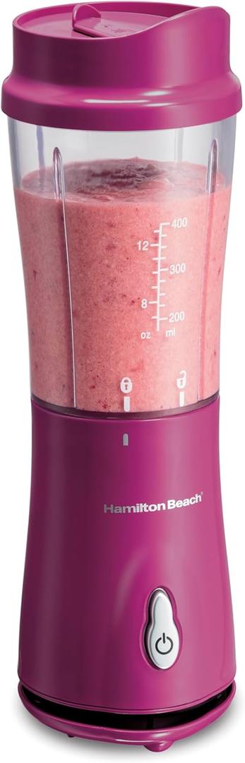 Hamilton Beach Portable Blender for Shakes and Smoothies, 14 Oz BPA Free Travel Cup & Lid, Durable Stainless Steel Blades, Personal Smoothie Blender, Raspberry, 51131G