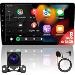 10inch 8Core 4+64GB QLED Full Touch Screen Android Car Radio Audio Video Stereo Player for Double Din Raido with CarPlay Android Auto 4G&WiFi DSP FM&AM BT MirrorLink Split Screen PIP GPS Navigation