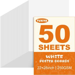 TUXIYA 50 Pack White Poster Board,22" x 28" White Poster Paper Bulk,250GSM/92LB Heavy-Weight Blank Poster Board for Arts,Craft,Projects Presentations,Drawing Scrapbooking