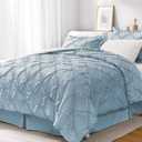 JOLLYVOGUE King Size Comforter Set 7 Pieces, Light Blue/Ivory Bed in a Bag Comforter Set for Bedroom, Beddding Sets with Comforter, Sheets,Ruffled Shams & Pillowcases (King(102"x 90"))