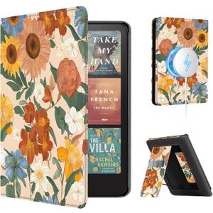 CoBak Stand Case for 7" Kindle Paperwhite 12th Gen 2024 and Kindle Colorsoft with Hand Strap - Compatible with iPhone MagSafe, for Samsung/Belkin/Anker Wireless Charging Pads, Durable, Auto Sleep Wake (Sunflower)