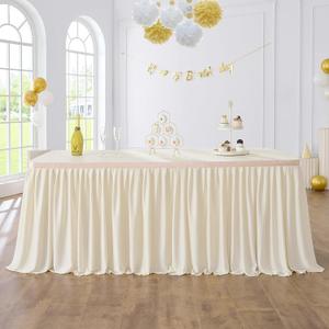 Leegleri 9ft Beige Table Skirt for Rectangle Table,Spandex Polyester Pleated Table Skirt for Baby Shower Wedding,Birthday Party,Gender Reveal,Dessert Cake Tables