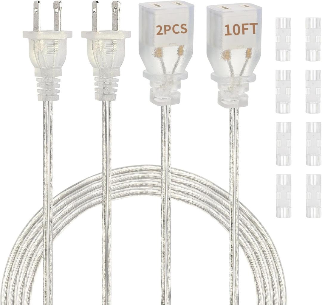 Clear Extension Cord 10 Ft 2 Pack, UL-Certified Clear Extension Cord Indoor Thin, Male to Female Thin Extension Cord for Christmas Decor, 2 Prong Invisible Extension Cord 2 x 18 AWG 250V 6A