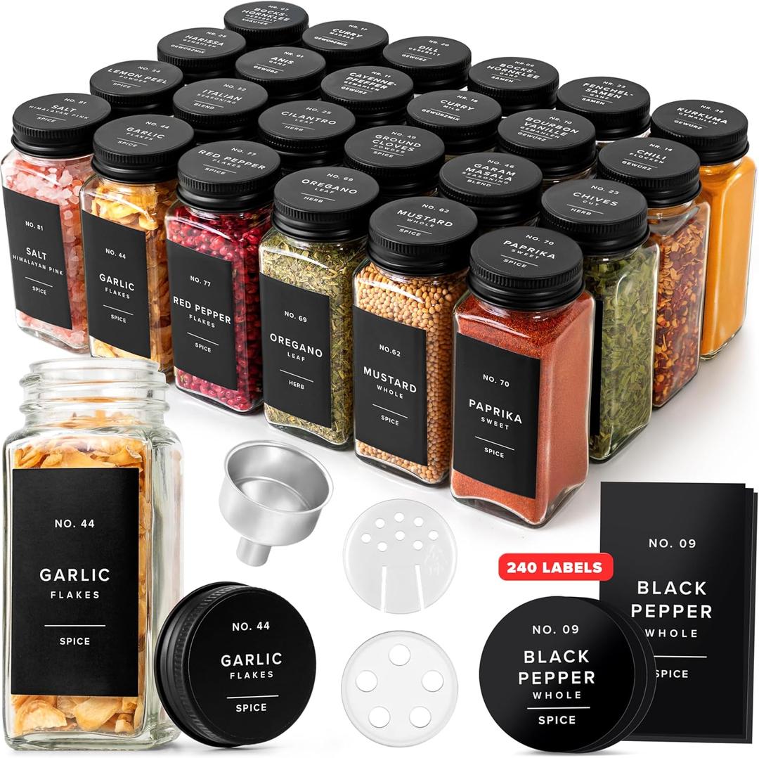 Glass Spice Jars with Label and Black Aluminium Lids (24 x 4oz) Spice Containers with 240 Labels, Shaker Inserts, Steel Funnel, Empty Square Seasoning Organizer (Black Aluminium Lid)