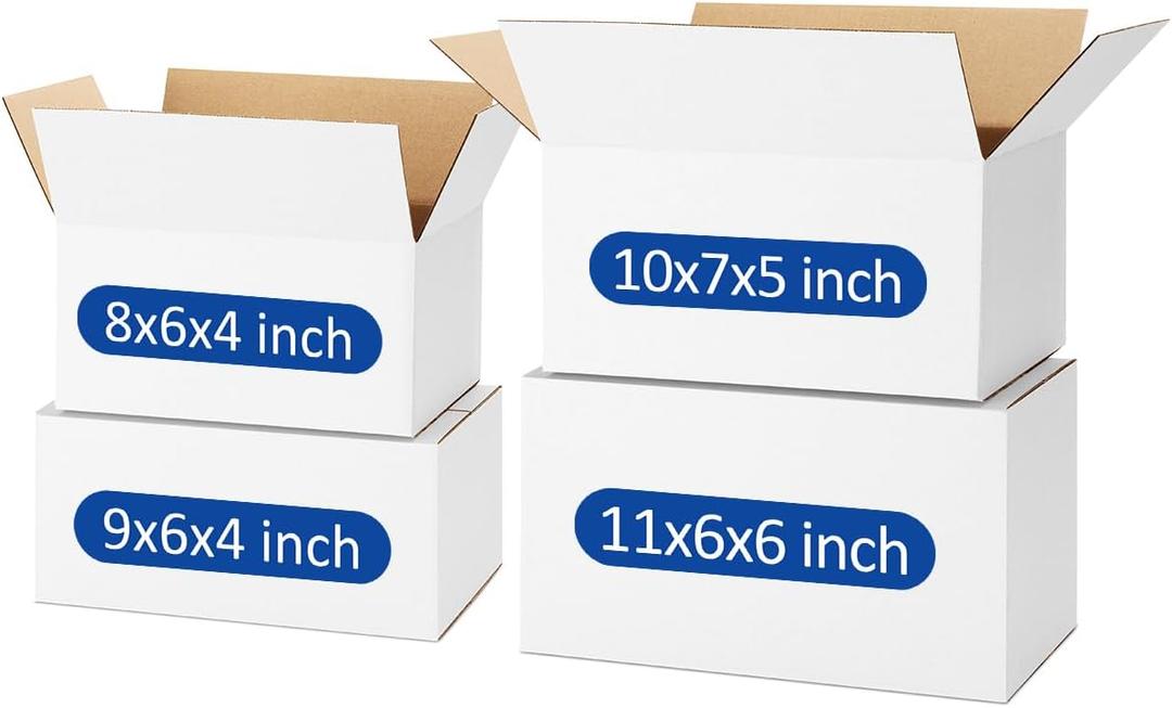 Assorted-Sizes-Shipping-Boxes-40-Pack: 8x6x4 & 9x6x4 & 10x7x5 & 11x6x6 Small-Shipping-Boxes-Mailers, White Corrugated-Cardboard-Boxes-for-Packing-Small-Business Mailing