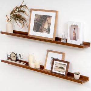 Acovy Solid Ash Wood Picture Ledge Shelf, 36 Inch Floating Shelves with Lip Set of 2, Photo Ledge Shelf Nursery Bookshelf Wall Mounted for Living Room Bedroom Decor, Walnut