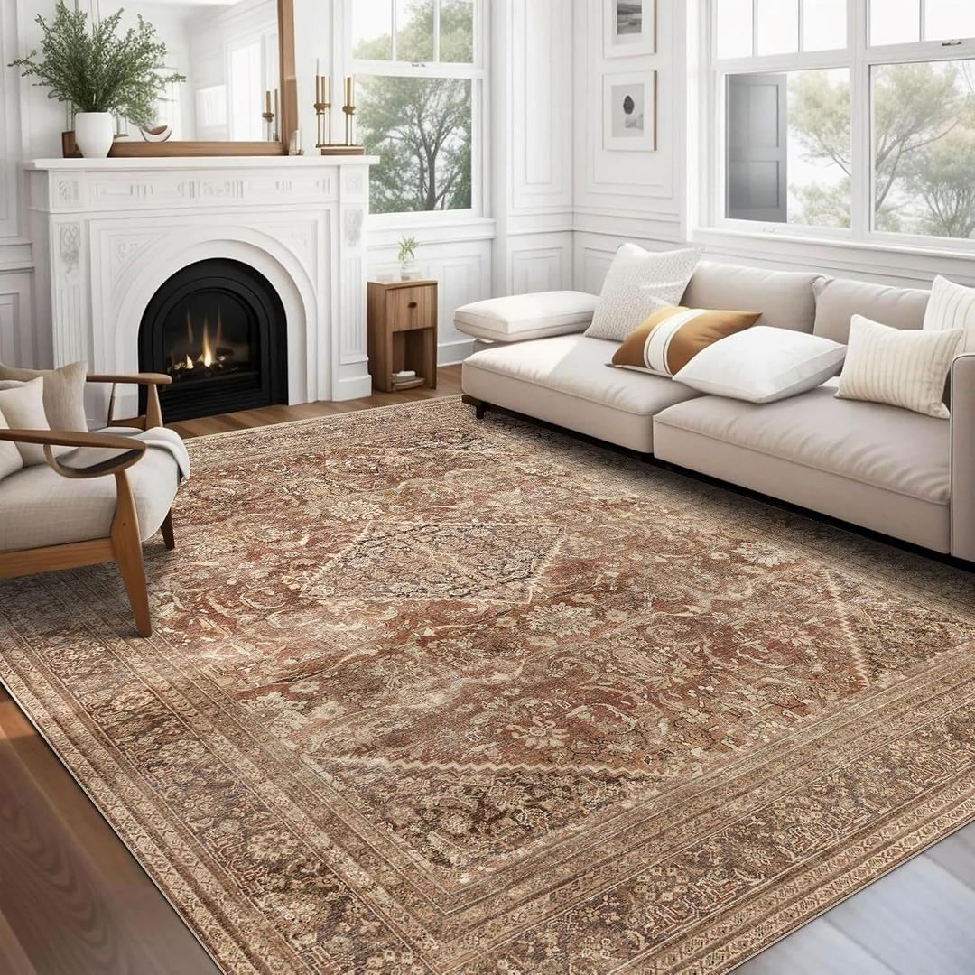 vivorug 9x12 Area Rugs for Living Room, Non Slip Machine Washable Vintage Rug, Ultra-Thin Lightweight Large Area Rug for Bedroom, Dining Room, Low Pile Rug Earth Tone