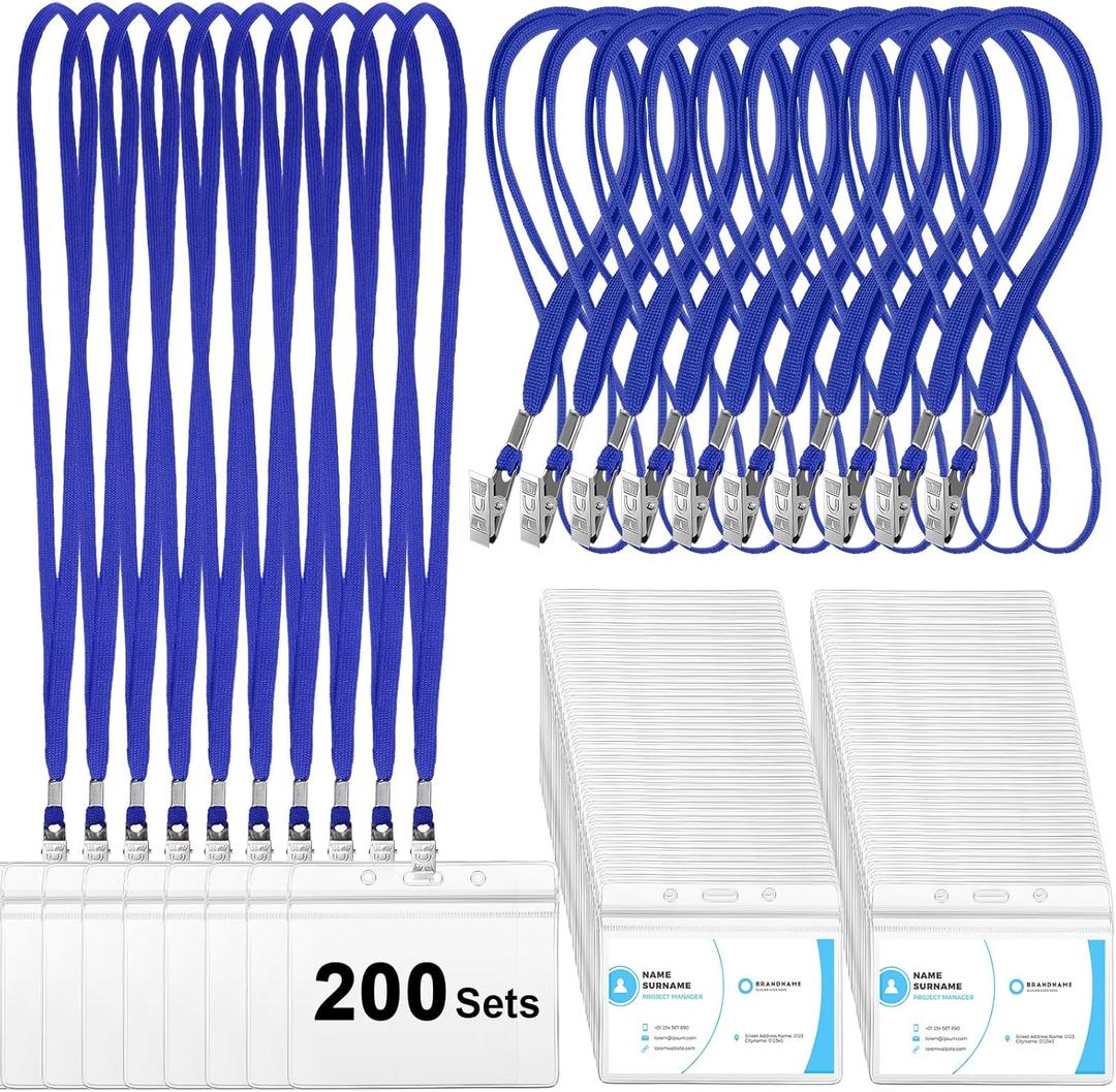 Marspark 200 Sets Clear Name Tags with Lanyard, Lanyards for ID Badges Reusable Strap with ID Holder Plastic Name Badges for Adults Business School Church Conference (Blue)