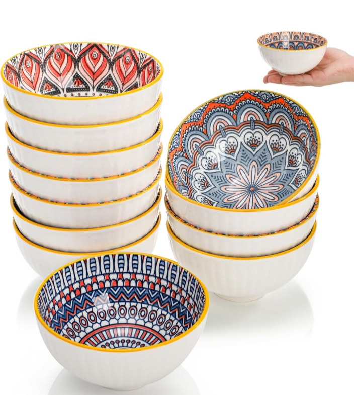 9 Pack Small Ceramic Bowls Set, 10Oz Colorful Dessert Bowl, 4.5Inch Ice Cream Bowls, Porcelain Boho Decorative Bowl for Snack Soup Condiments, Side Dishes, Kitchen, Microwave Safe (4 Styles)