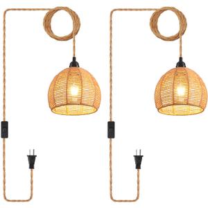 Plug in Pendant Light, Industrial Hanging Light with Plug in Cord Hemp Rope On/Off Switch Farmhouse Pendant Lamp with Plug in Cord, Vintage Hanging Lamps for Dining Room (2 PACK, Black)