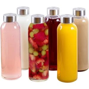 Brieftons 18 Oz Clear Borosilicate Glass Water Bottles With Caps, 6 Pack, Heat Resistant, Slim, Easy to Store, Reusable Drinking Bottle, Sauce Jar, Juice Beverage Container, With Leakproof Lids