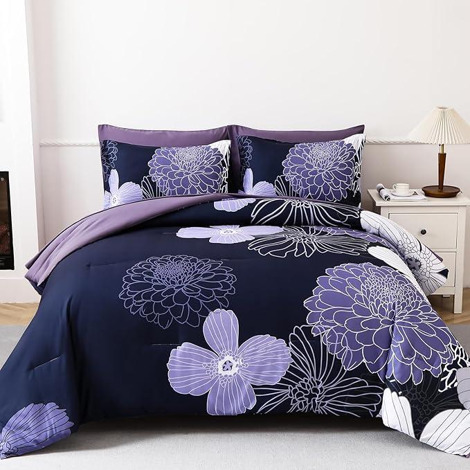 Purple Comforter Set Queen Size Floral Bedding Set for All Seasons