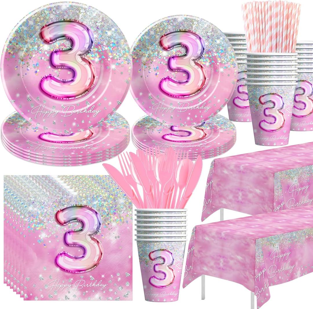 Pink 3rd Birthday Decorations Tableware, Girl Third Birthday Party Supplies, Plate, Cup, Napkin, Tablecloth, Cutlery, Glitter Diamond 3-Year-Old Table Decorations, Serves 24
