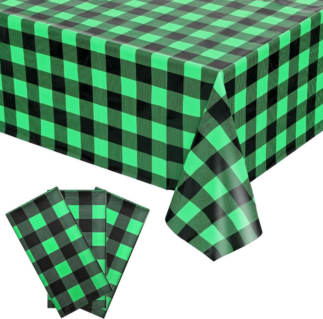 Vedran 3 Pack St. Patrick's Day Tablecloth Decorations, Green and Black Checkered Background Disposable Plastic Tablecloth, 54 x 108 Inch Tablecloth for St. Patrick's Day Party Decorations