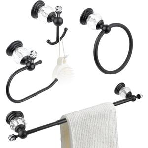 Black Crystal Bathroom Hardware Adjustable 24 Inch Towel Bar Set Toilet Paper Holder Towel Ring Coat Hooks Bathroom Accessories 4 Pieces Wall Mounted