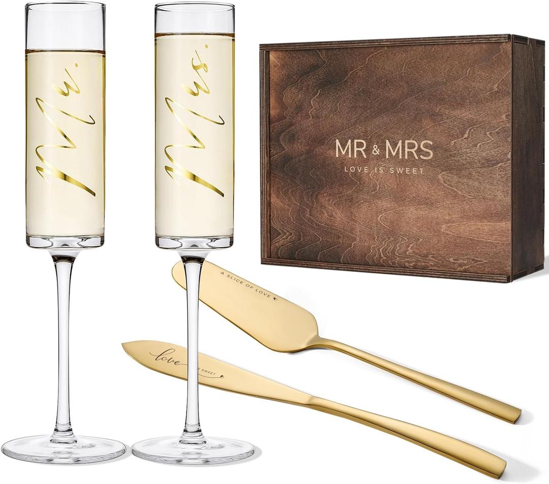 AW BRIDAL Champagne Flutes Wedding Cake Cutting Set Bridal Toasting Champagne Glasses for Wedding, Gifts for Couple Cake Knife and Server Set for Anniversary Engagement Gifts (Gold)