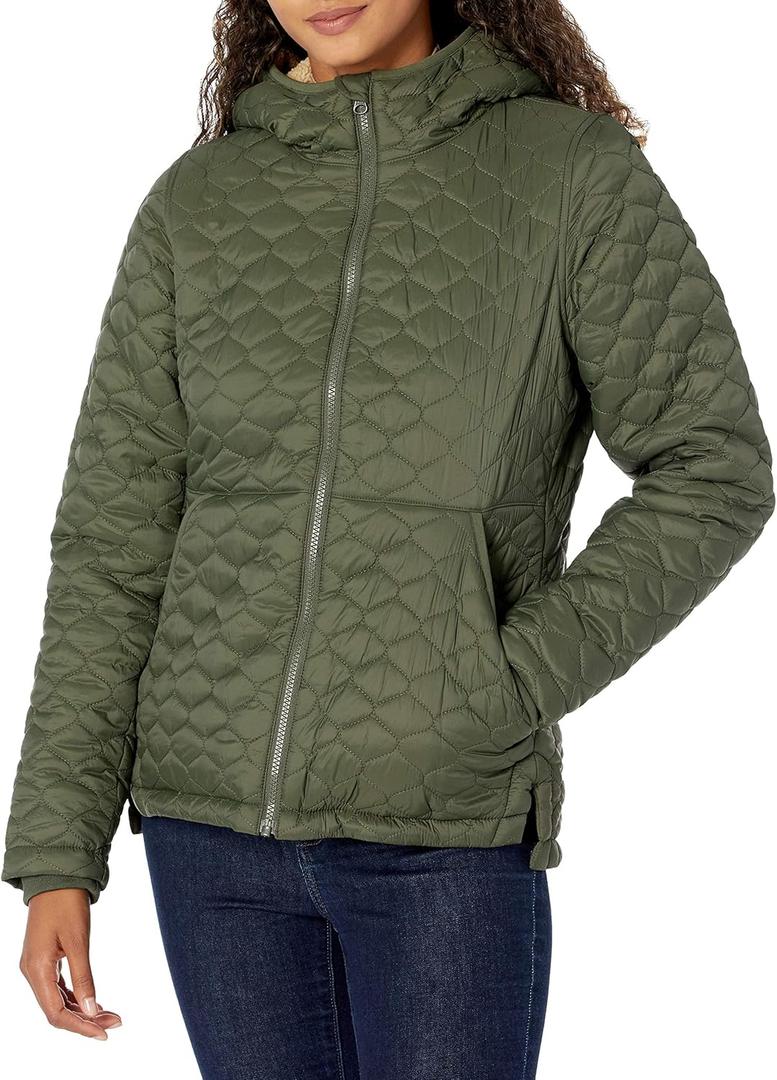 Amazon Essentials womens Lightweight Quilted Full-Zip Water-Resistant Sherpa-Lined Hooded Puffer Jacket (Medium, Olive)