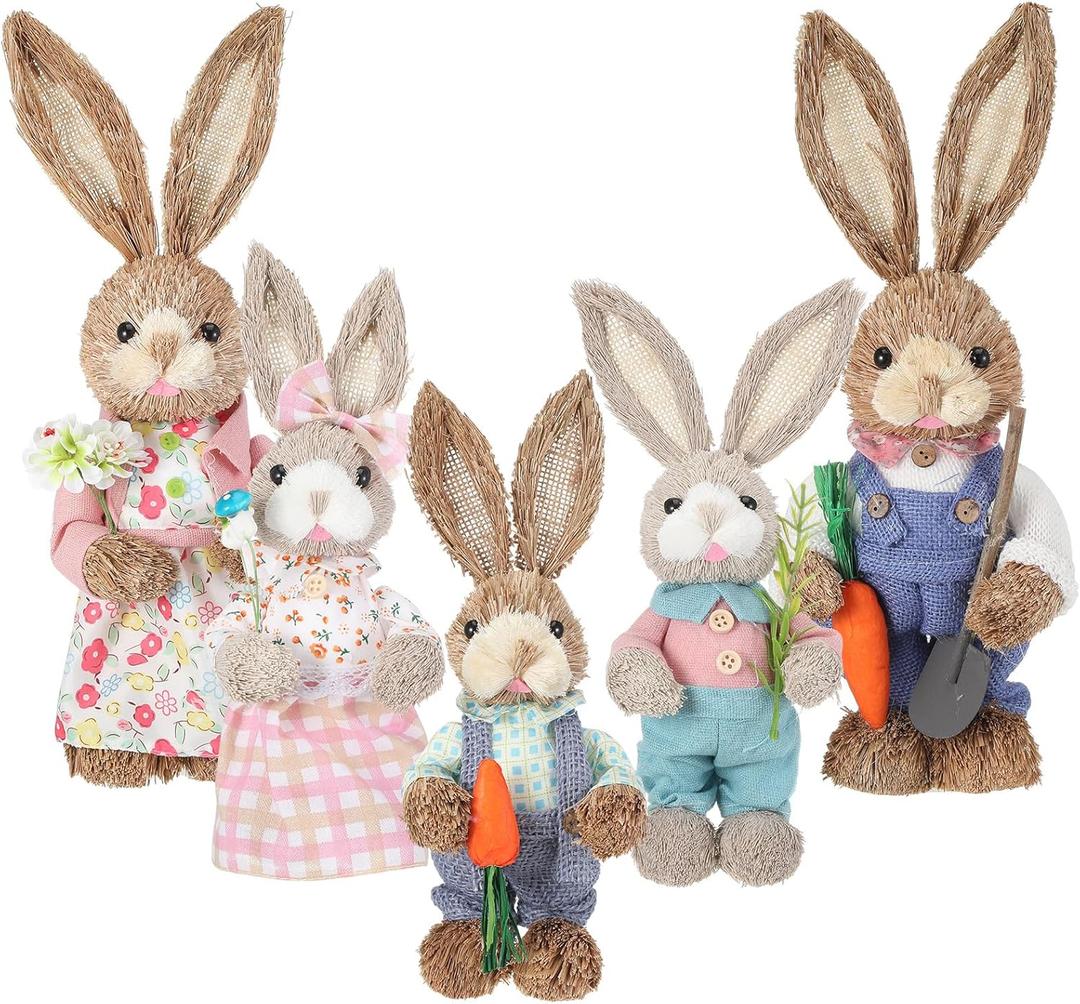 Kathfly Set of 5 Sisal Easter Bunny Decoration 13.8" 9.8" Natural Easter Straw Decorations Bunny Figurines Rabbits Tabletop Statues Standing Set for Office Farmhouse Spring Home Farmhouse Table Decors