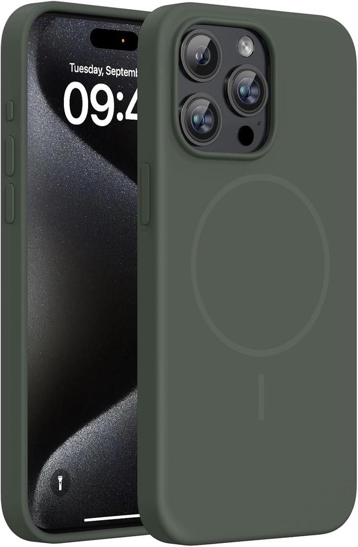 Miracase Magnetic for iPhone 15 Pro Max Case, [Soft Anti-Scratch Microfiber Lining], Compatible with MagSafe, Liquid Silicone Case Shockproof Drop Protection Phone Case for 15 ProMax, Dark Green