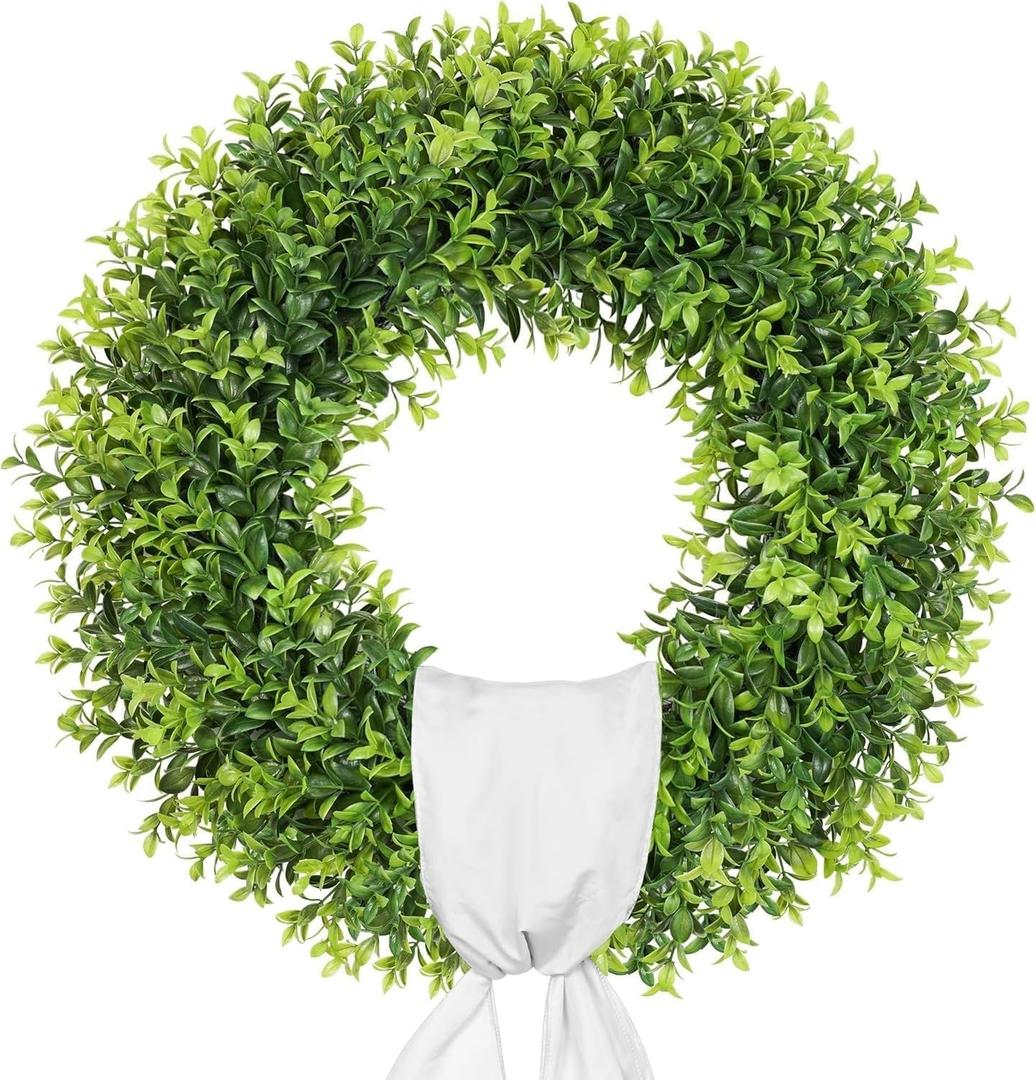 24 Inch Large Boxwood Wreath Spring Summer with Sash Artificial Green Wreaths for Front Door Farmhouse Wedding Window Hanging Wall All Year Round Indoor & Outdoor St Patrick's Day Decor