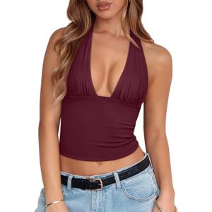 REORIA Women's Halter Tops Plunge Neck Backless Double Lined Sexy Going Out Crop Tops Summer Outfits 2026 XL