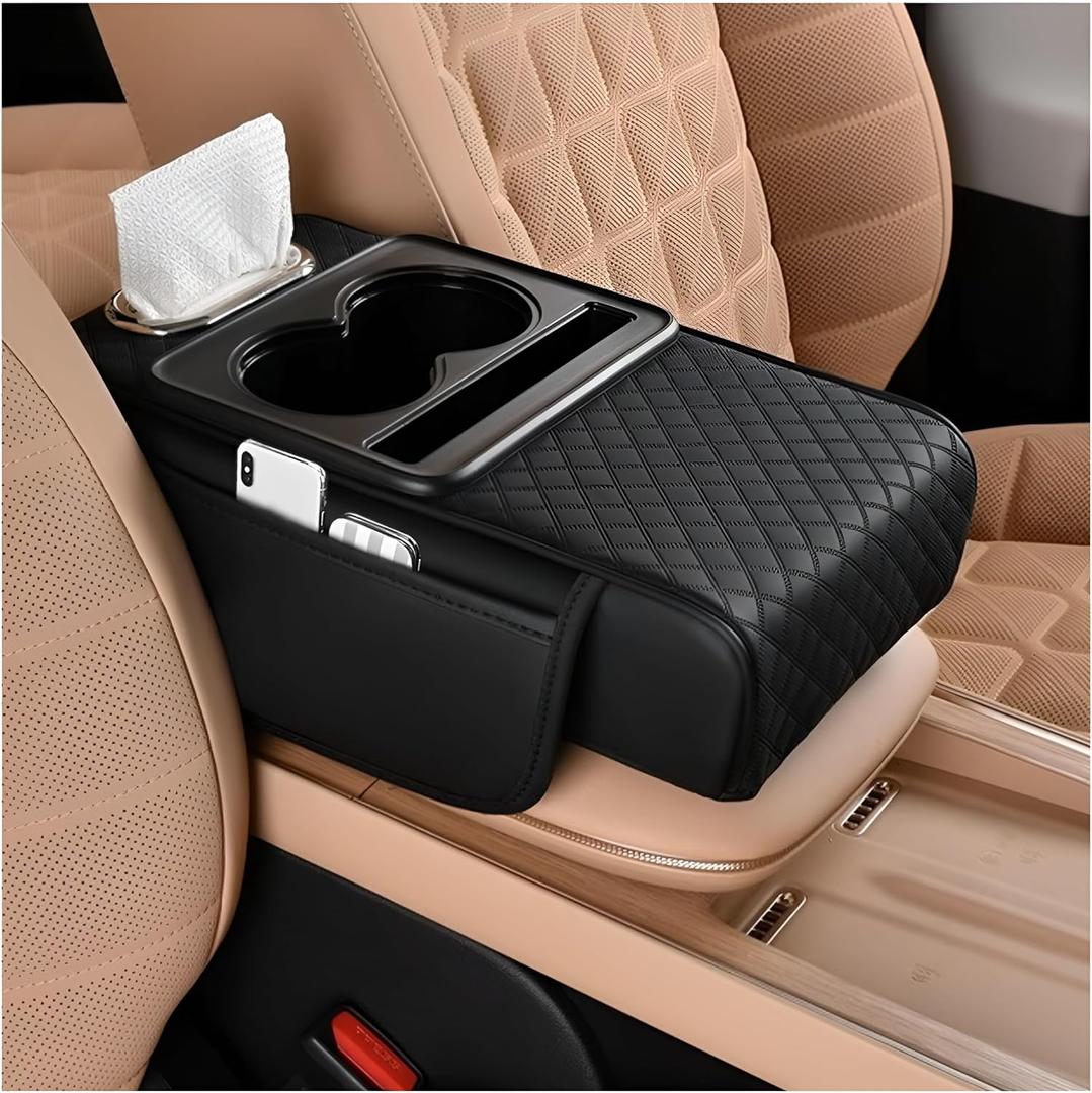 Zpana Car Center Console Armrest Pillow, Memory Foam Leather 4 in 1 Vehicle Arm Rest Cover with Tissue Box 2 Side Storage Bag Cup & Phone Holder, Auto Armrest Cushion, Universal Fit (Black)