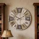 Distressed Metal Wall Clock 24 Inch, Industrial Vintage Roman Numerals, Weathered Iron Frame Farmhouse Office Cafe Decor