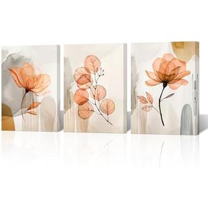 NutArtPic Flower Canvas Wall Art Orange Floral Pictures Minimalist Neutral Wildflower Painting Prints for Home Decor 12''x16''x3pcs